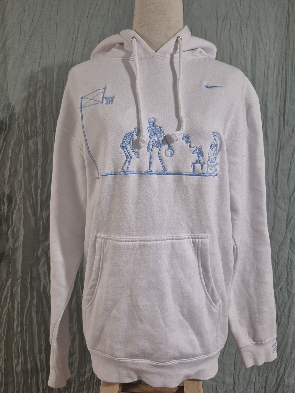 Nike White Hoodie with Light Blue Embroidered Basketball Graphic